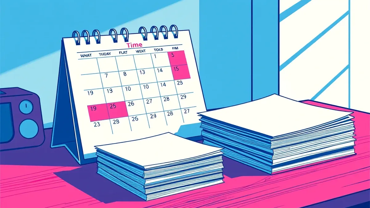 Illustration: A large calendar sits on a desk with three months highlighted in red ink, showing the passage of time toward a final deadline.