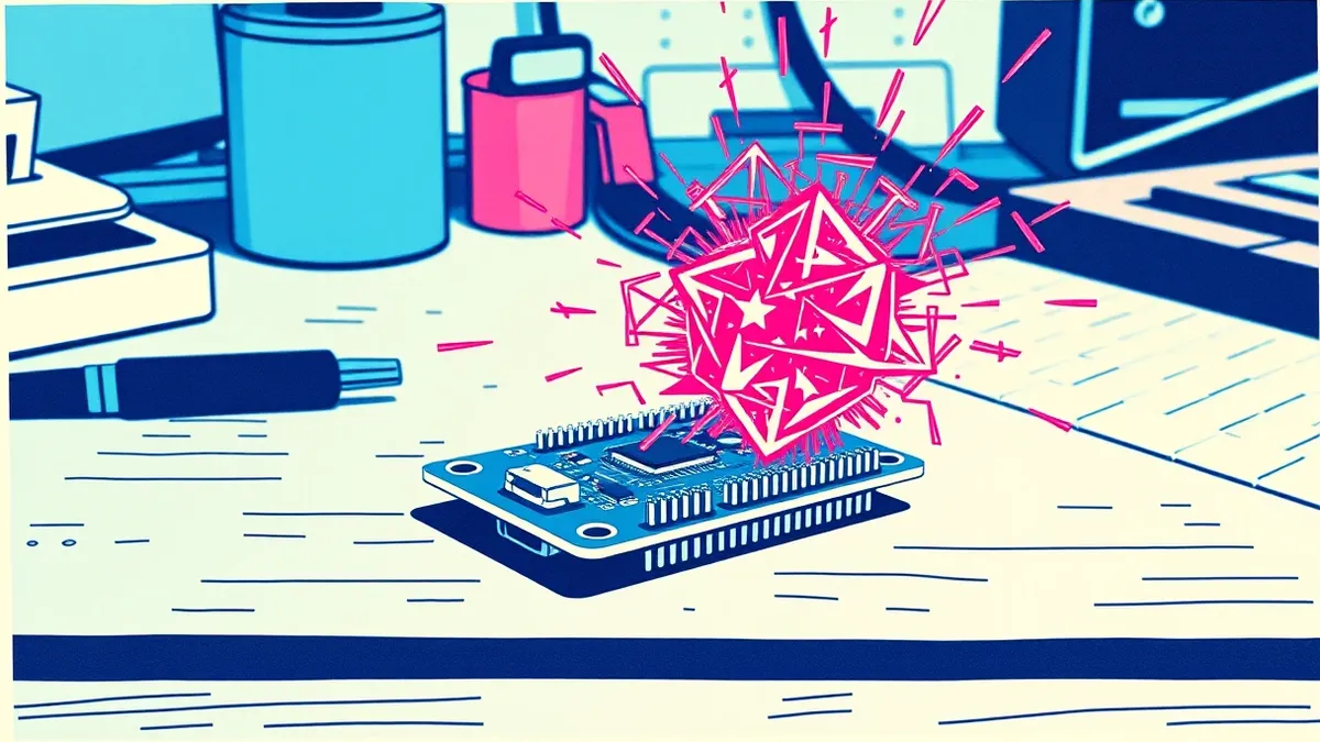 Illustration: A small embedded circuit board rests on a workbench, its tiny microcontroller exposed.