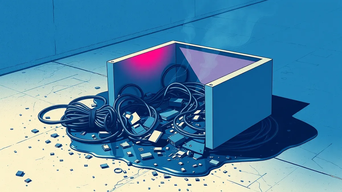 Illustration: A large, smooth metal box sits cracked open on a concrete floor, spilling tangled black cables and loose silicon chips into a dark puddle.