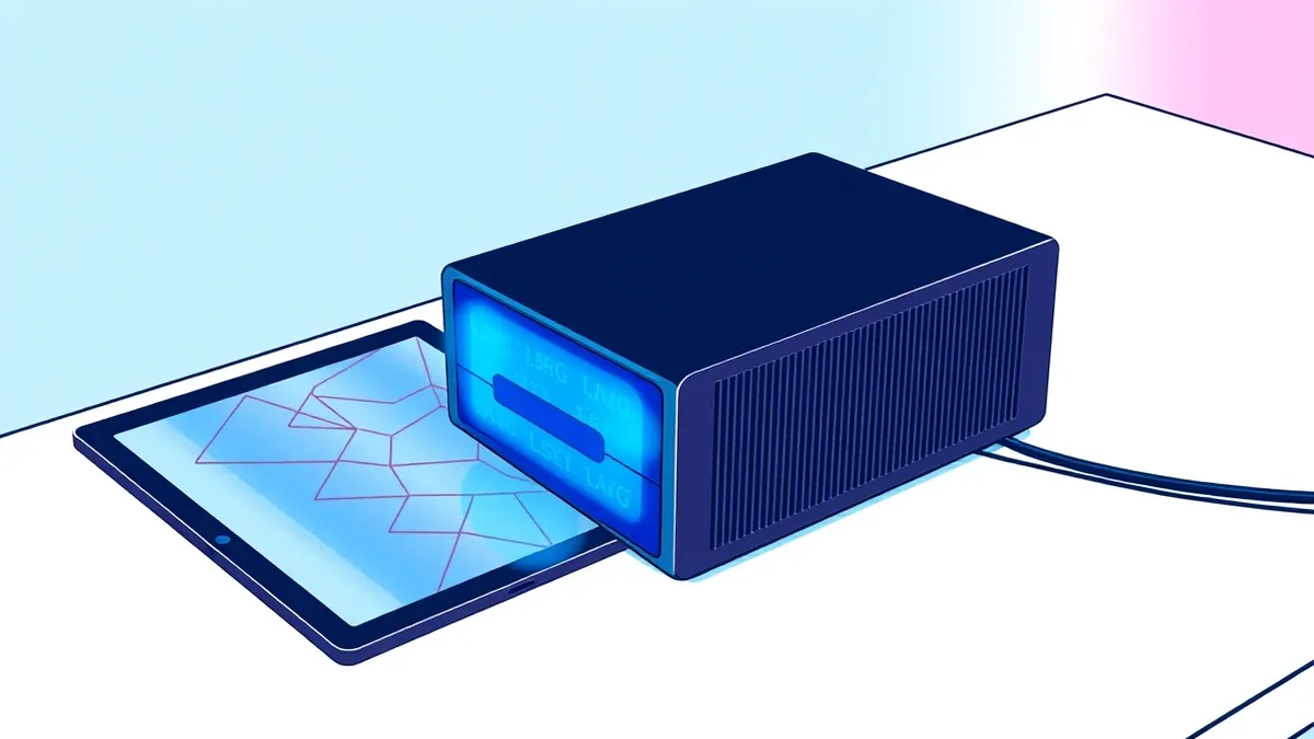 Illustration: A sleek black security device sits on a clean white desk beside a generic tablet displaying abstract geometric patterns.