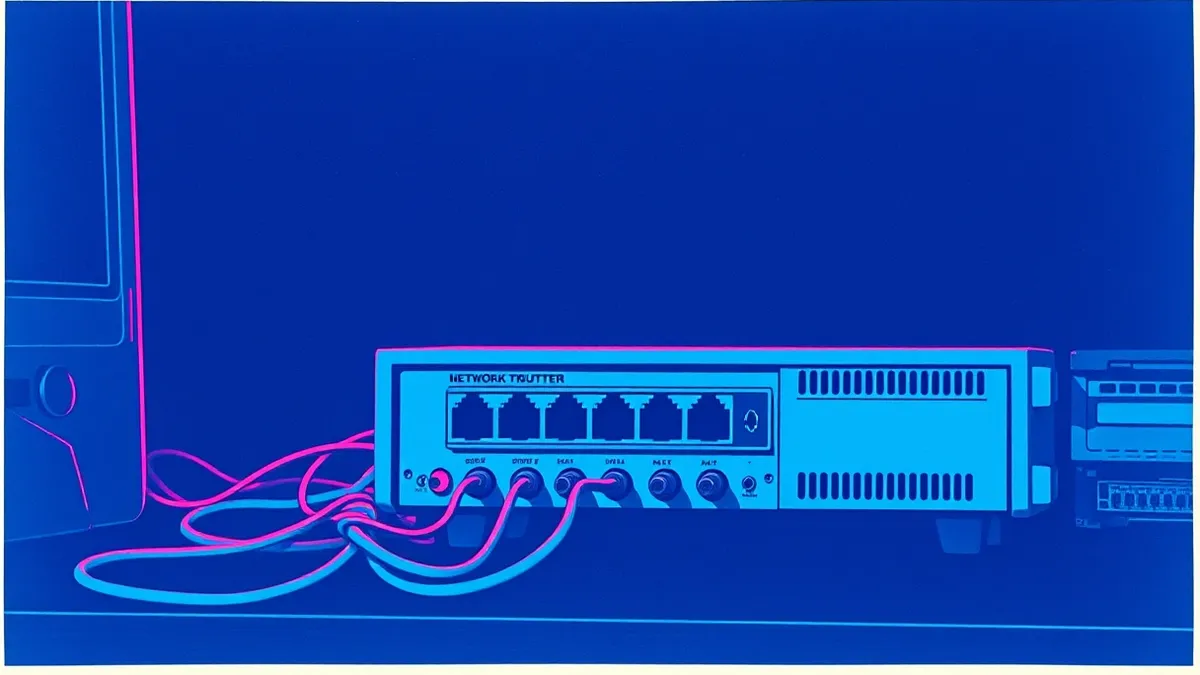 Illustration: A weathered network router sits on a dark desk, its status lights pulsing with an unnatural, steady red rhythm.