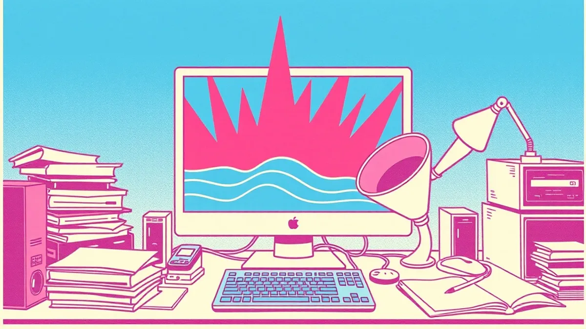 Illustration: A cluttered desk holds a single glowing monitor displaying chaotic abstract red spikes amidst calm blue waves.