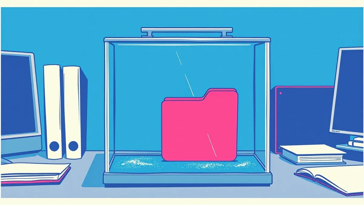 Illustration: A single red file folder sits inside a thick glass box with a heavy steel lid.