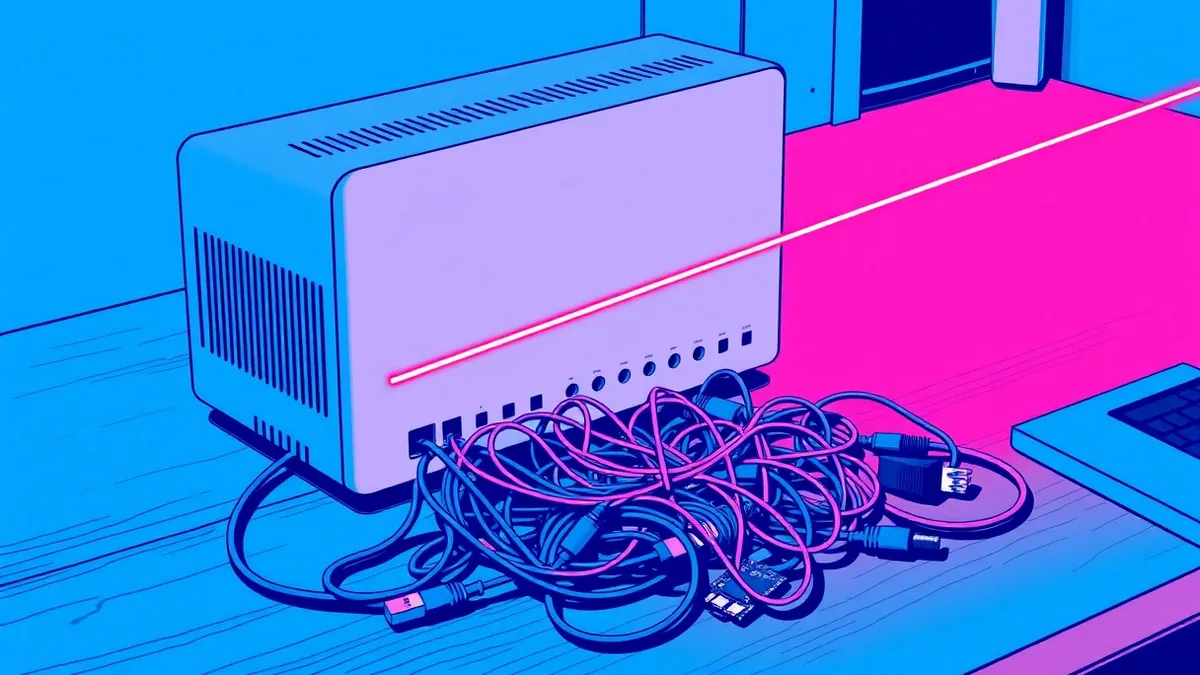 Illustration: A sleek white router sits on a wooden desk, its ventilation grilles glowing faintly blue.
