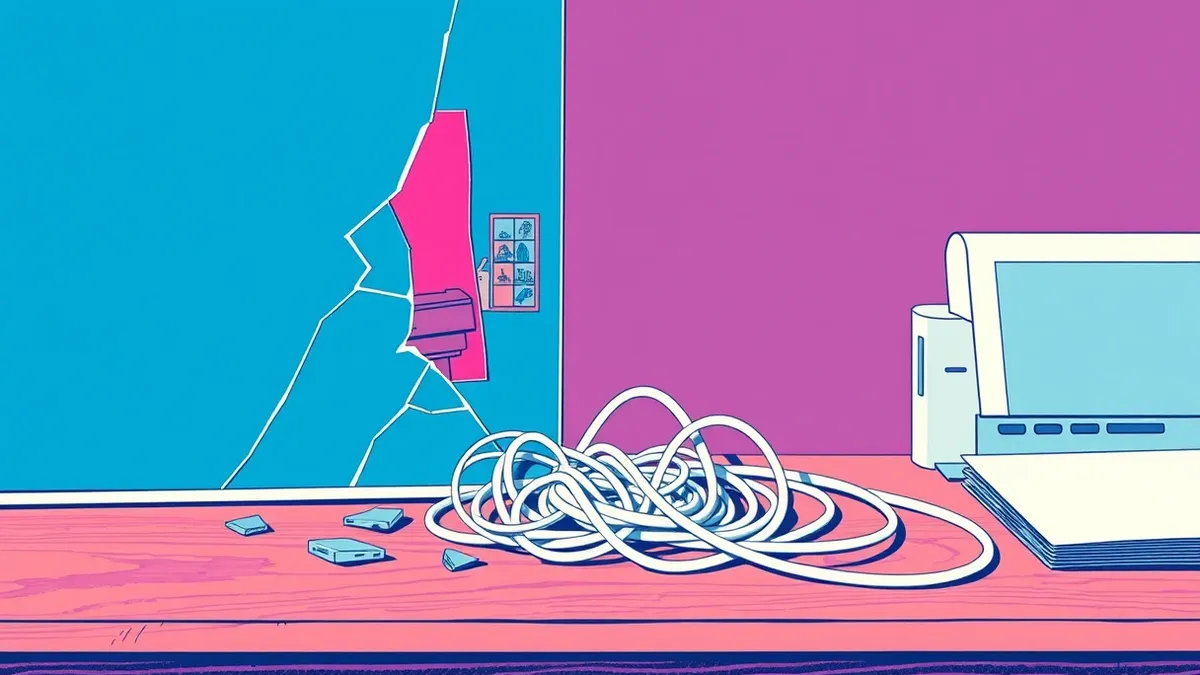 Illustration: A cracked blue window pane rests on a wooden desk, its glass shards scattered around a tangled white power cable.