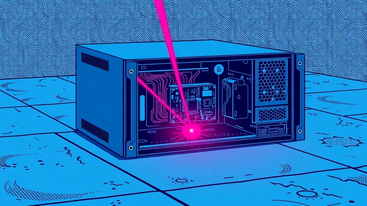 Illustration: A sleek black network appliance sits on a concrete floor with its metal front panel removed.
