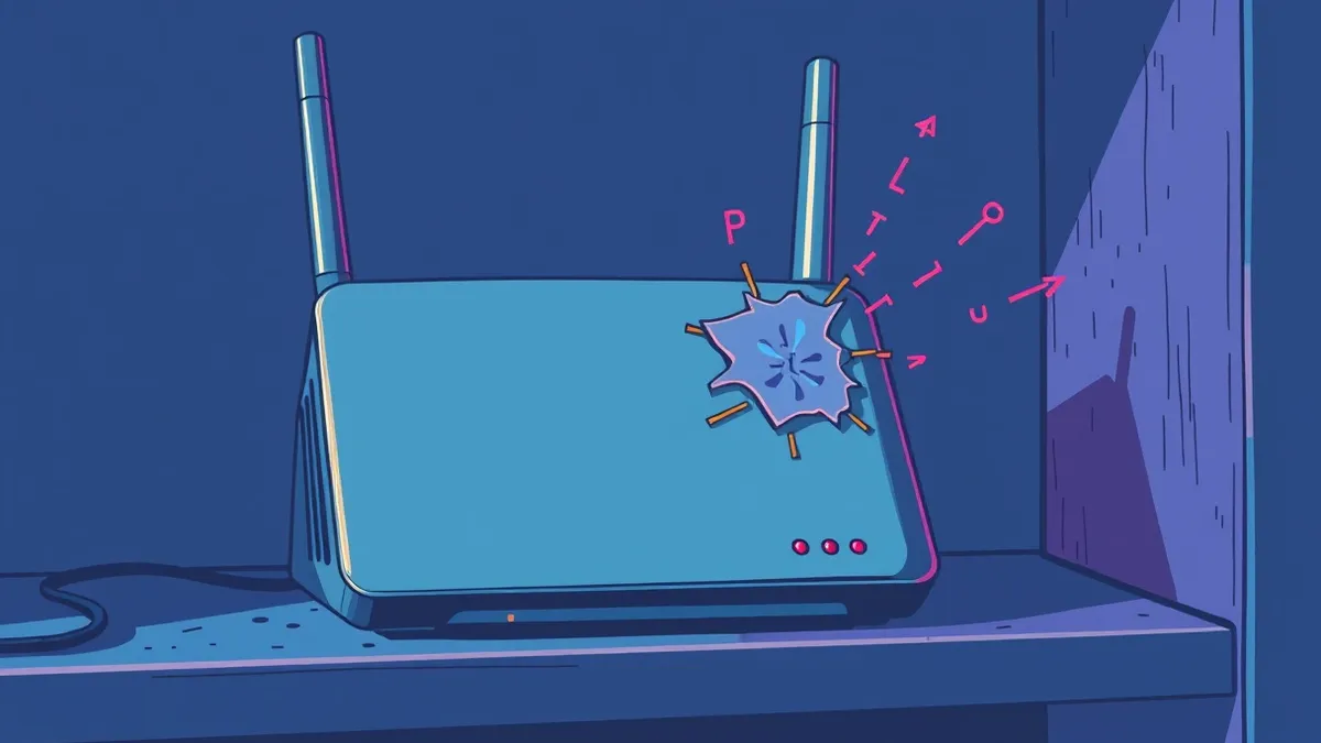 Illustration: A weathered gray wireless router sits on a dusty shelf, its single status light glowing an urgent red.