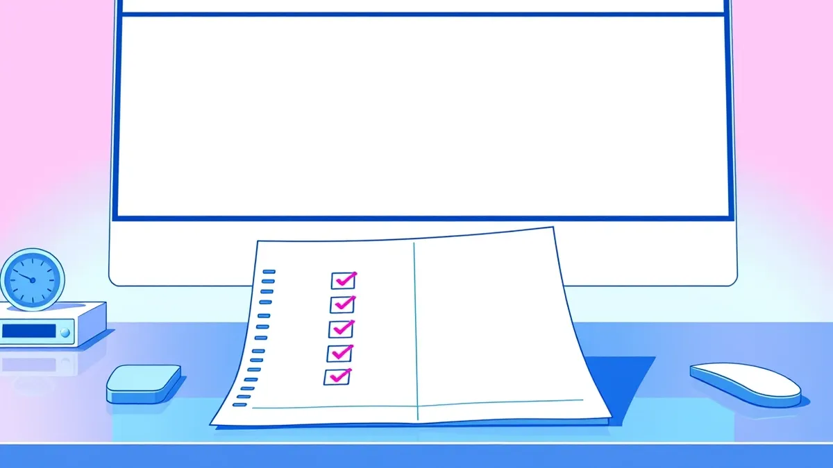 Illustration: An open audit checklist rests on a sleek metal desk beside a blank white monitor.