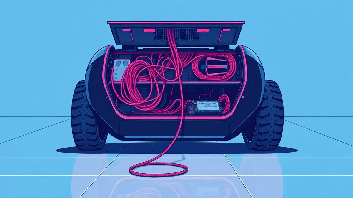 Illustration: A sleek black autonomous cleaning robot sits idle on a polished floor.