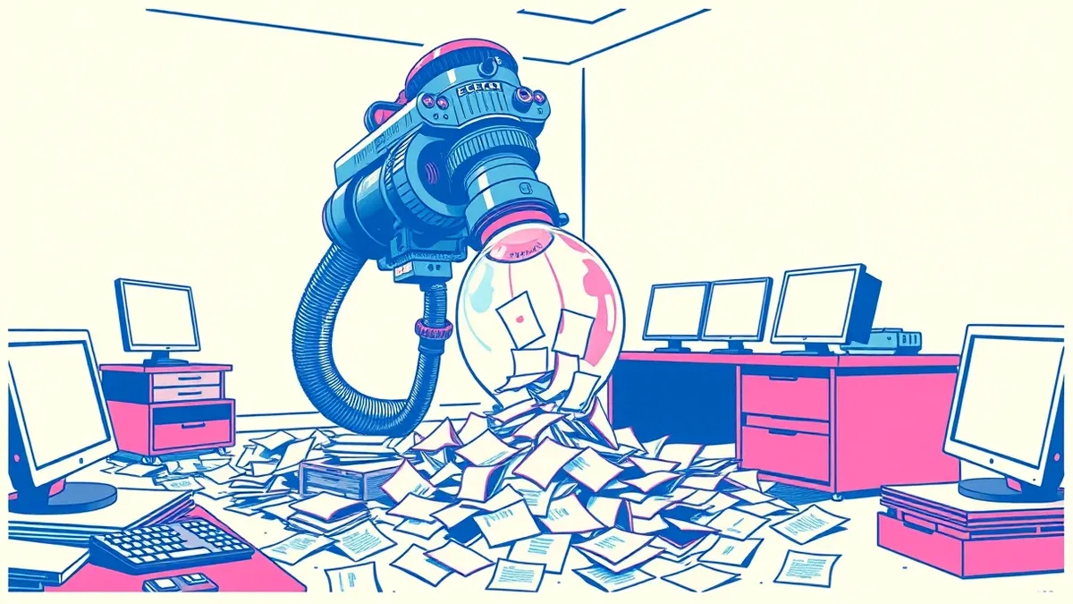 Illustration: A single massive industrial vacuum cleaner sucks up scattered paper documents from a messy office floor, funneling them into one large, fragile glass collection chamb