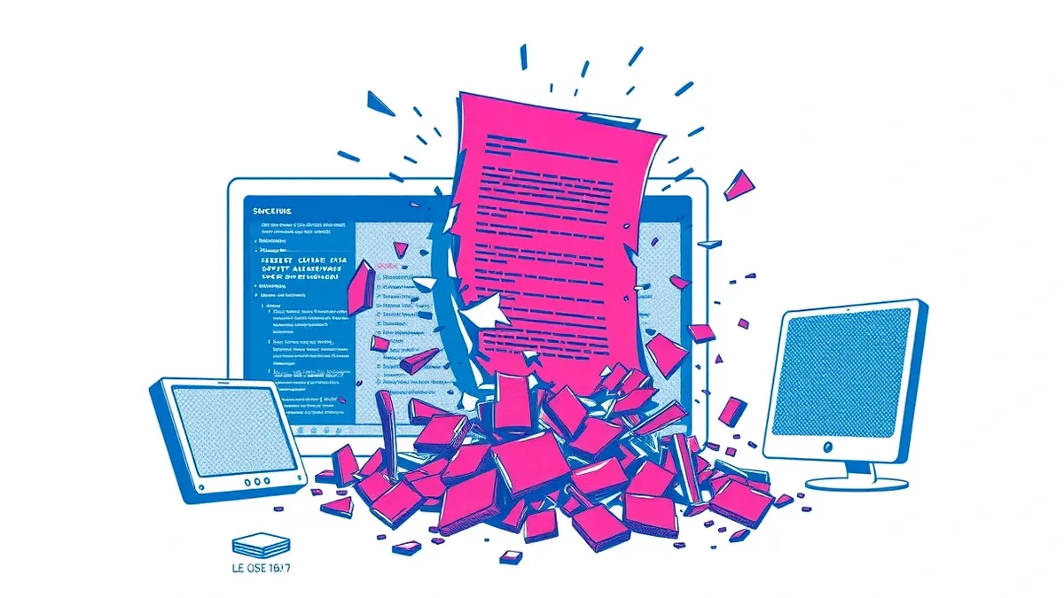 Illustration: A jagged, malformed digital document crashes into a generic software framework, causing the structure to fracture and collapse.