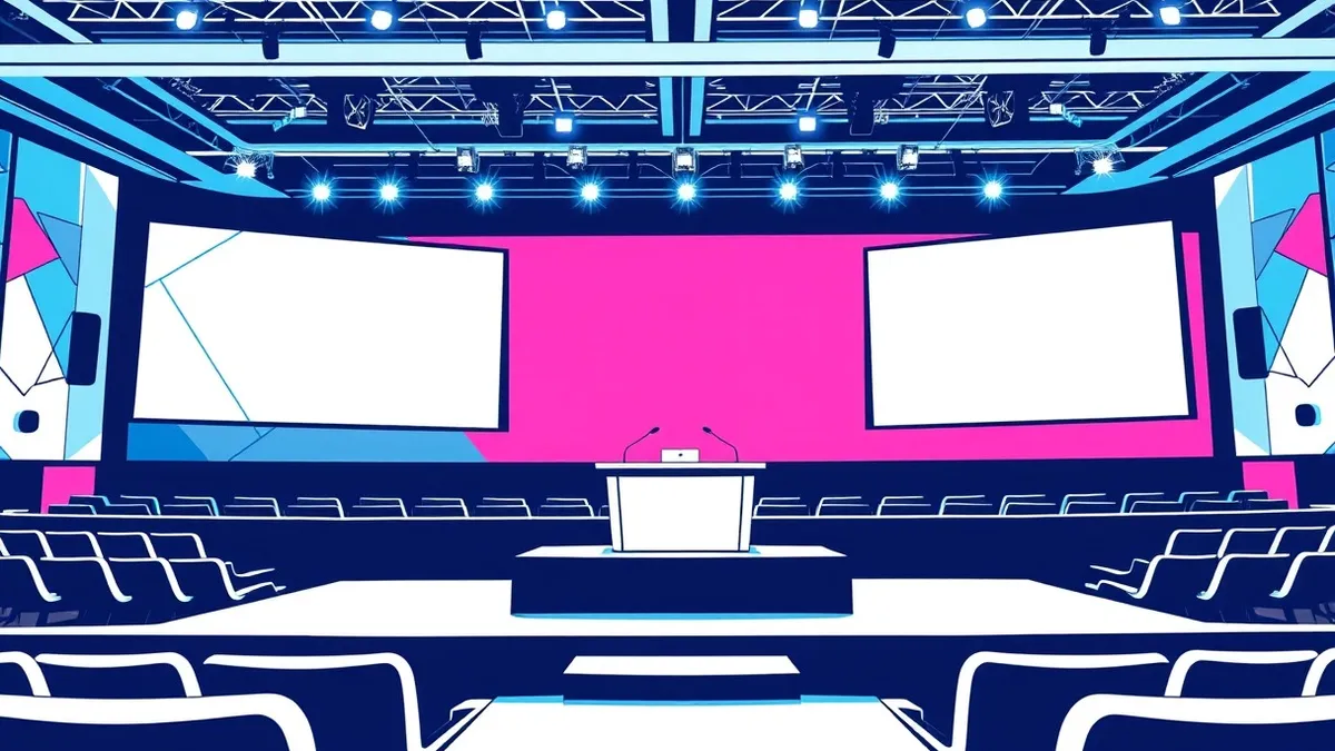 Illustration: A modern conference stage in Paris features a sleek podium and tiered seating under bright lights.
