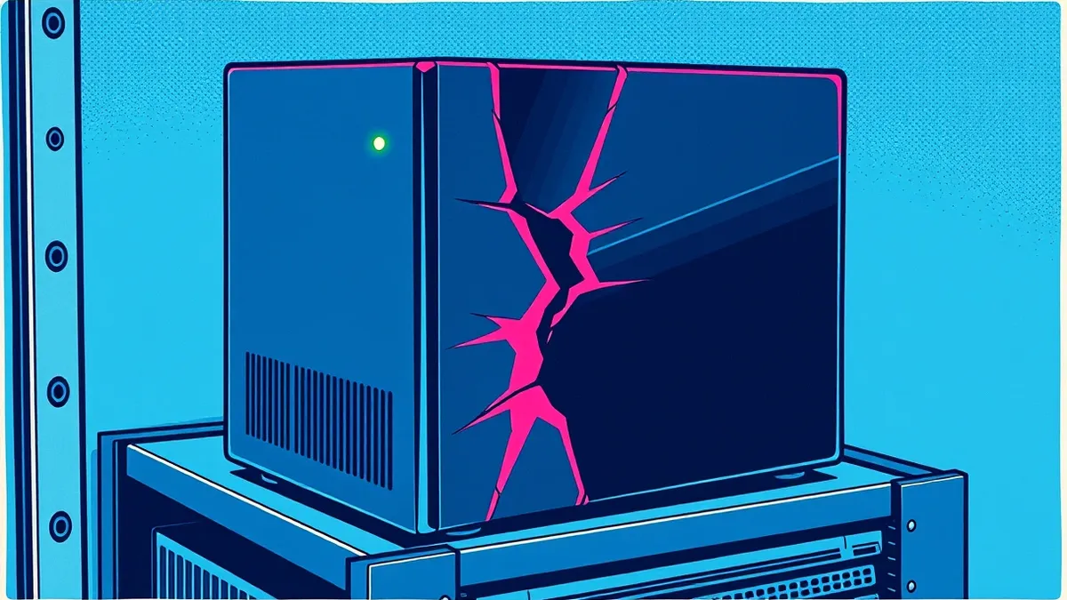 Illustration: A sleek black server appliance sits on a metal rack, its front panel displaying a single glowing green power light.