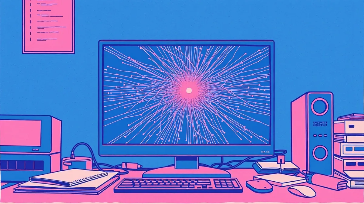 Illustration: A solitary security monitor sits on a cluttered desk, its screen displaying a dense, intricate web of faint, shifting lines that gradually converge into a single, pul