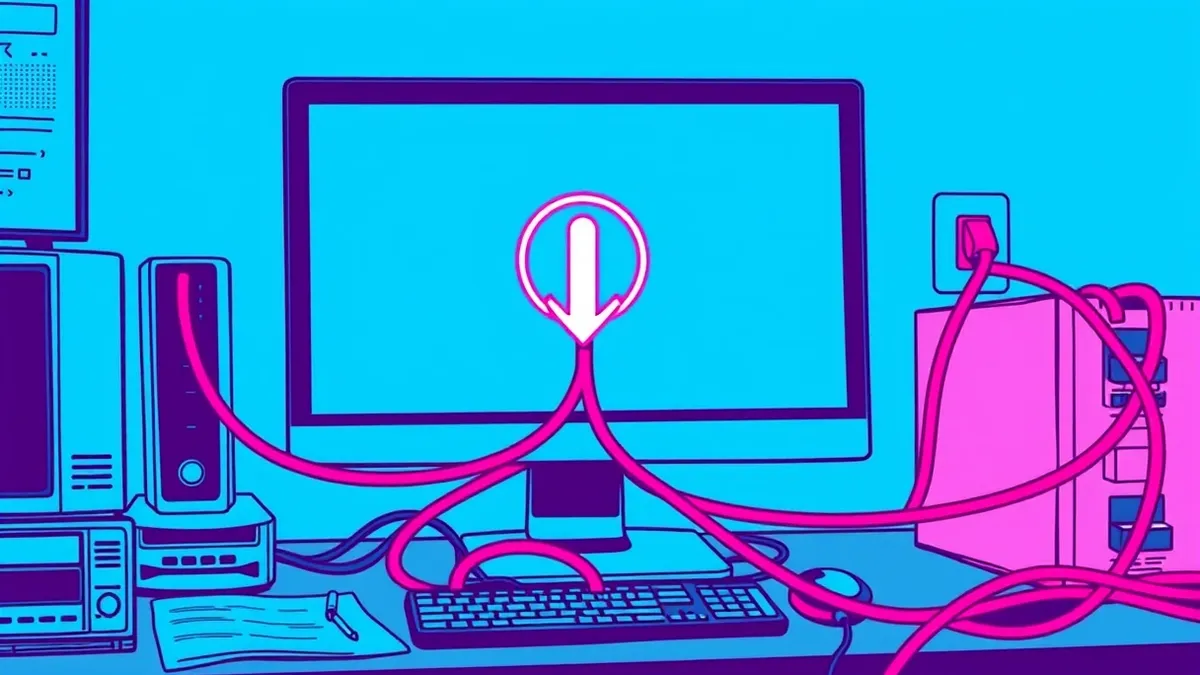 Illustration: A sleek desktop computer monitor sits on a cluttered office desk, its screen displaying a minimalist web browser window with a prominent, glowing download arrow spinn