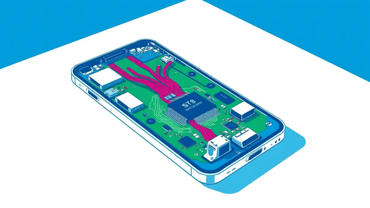 Illustration: A disassembled smartphone lies on a clean white table, its internal green circuit board exposed.