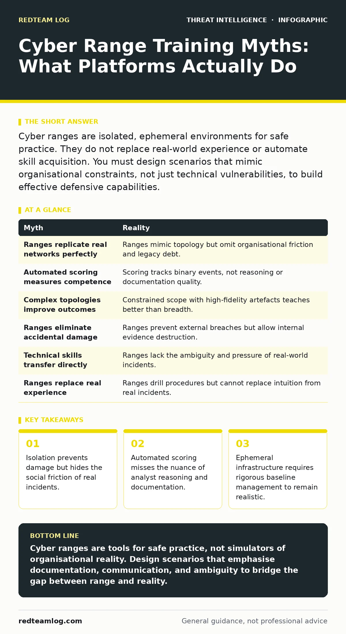 Infographic: Cyber Range Training Myths: What Platforms Actually Do. Isolation prevents damage but hides the social friction of real incidents. Automated scoring misses the nuance of analyst reasoning and documentation. Ephemeral infrastructure requires rigorous baseline management to remain realist