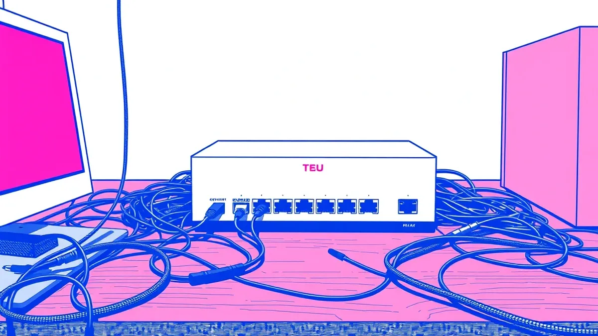 Illustration: A sleek white network switch sits on a wooden desk, surrounded by tangled black cables.