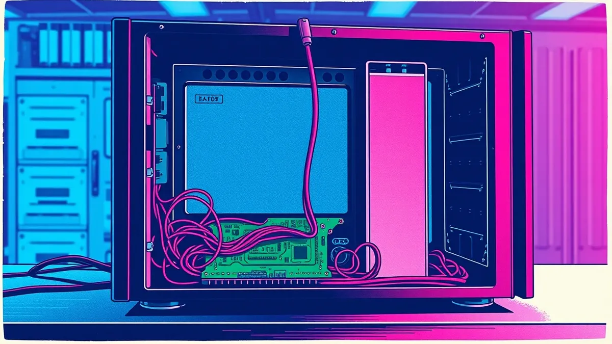 Illustration: A sleek black server chassis sits open on a workbench, its internal circuitry exposed and tangled.