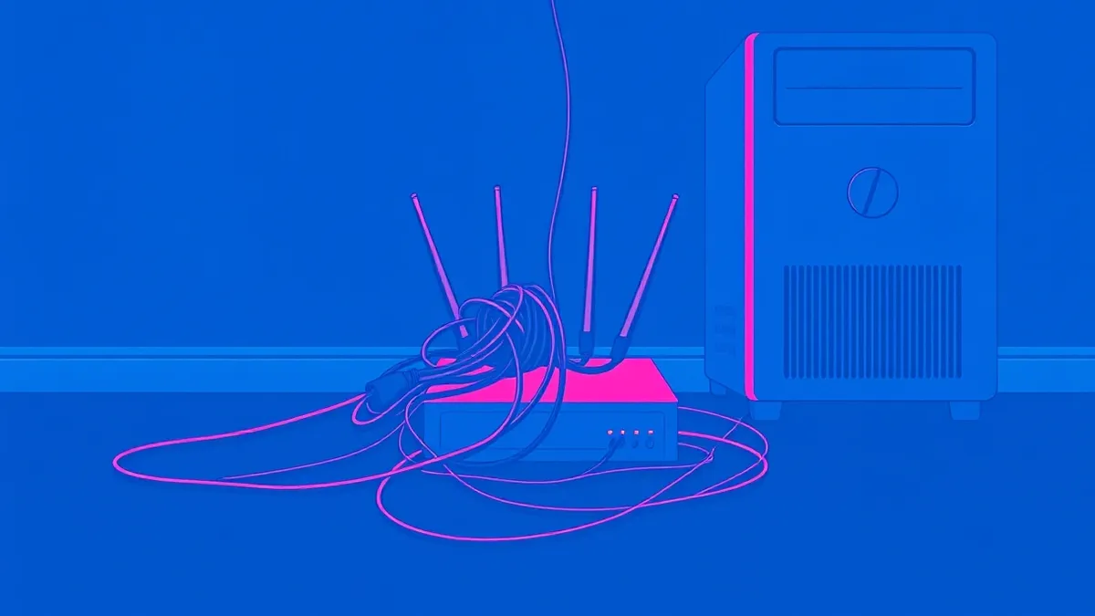 Illustration: A tangled knot of black cables connects a blank router to a desktop tower.