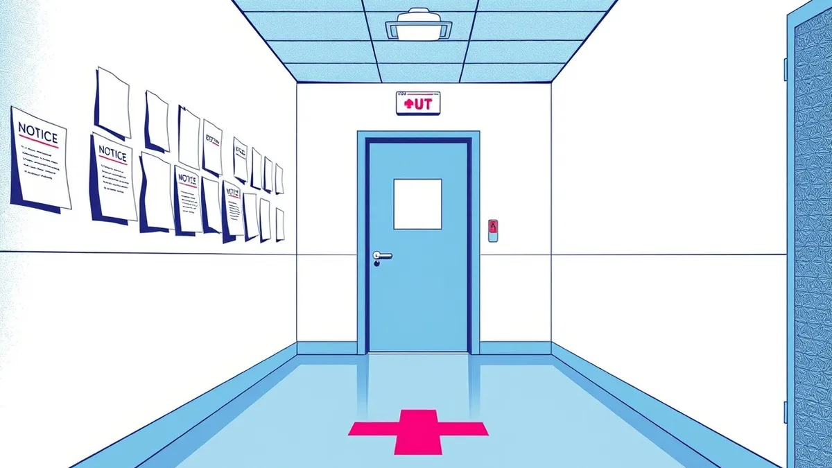 Illustration: A sterile hospital corridor features a blank white wall plastered with several torn, blank paper notices.
