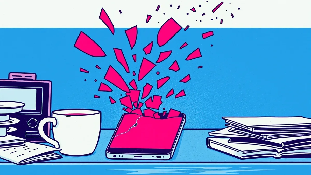 Illustration: A cracked smartphone rests on a cluttered desk beside a coffee cup, with jagged red digital fragments erupting from its screen.