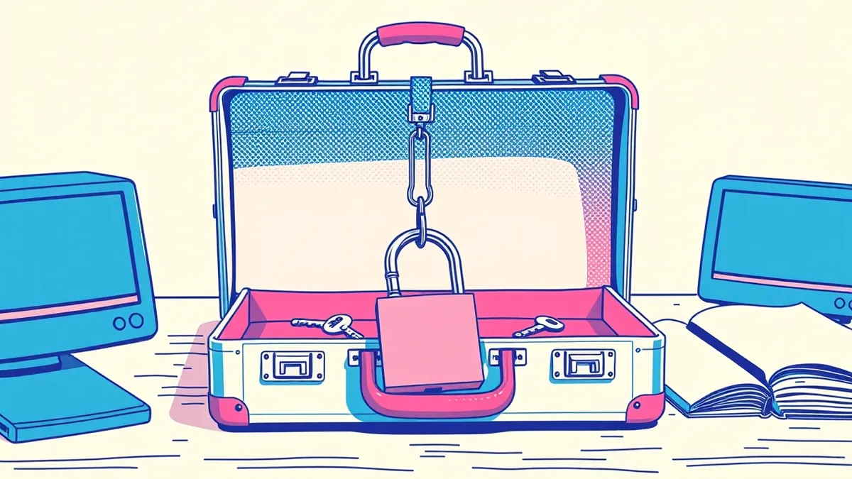 Illustration: A metal briefcase sits open on a wooden desk, revealing several small, distinct physical keys resting on empty velvet lining.