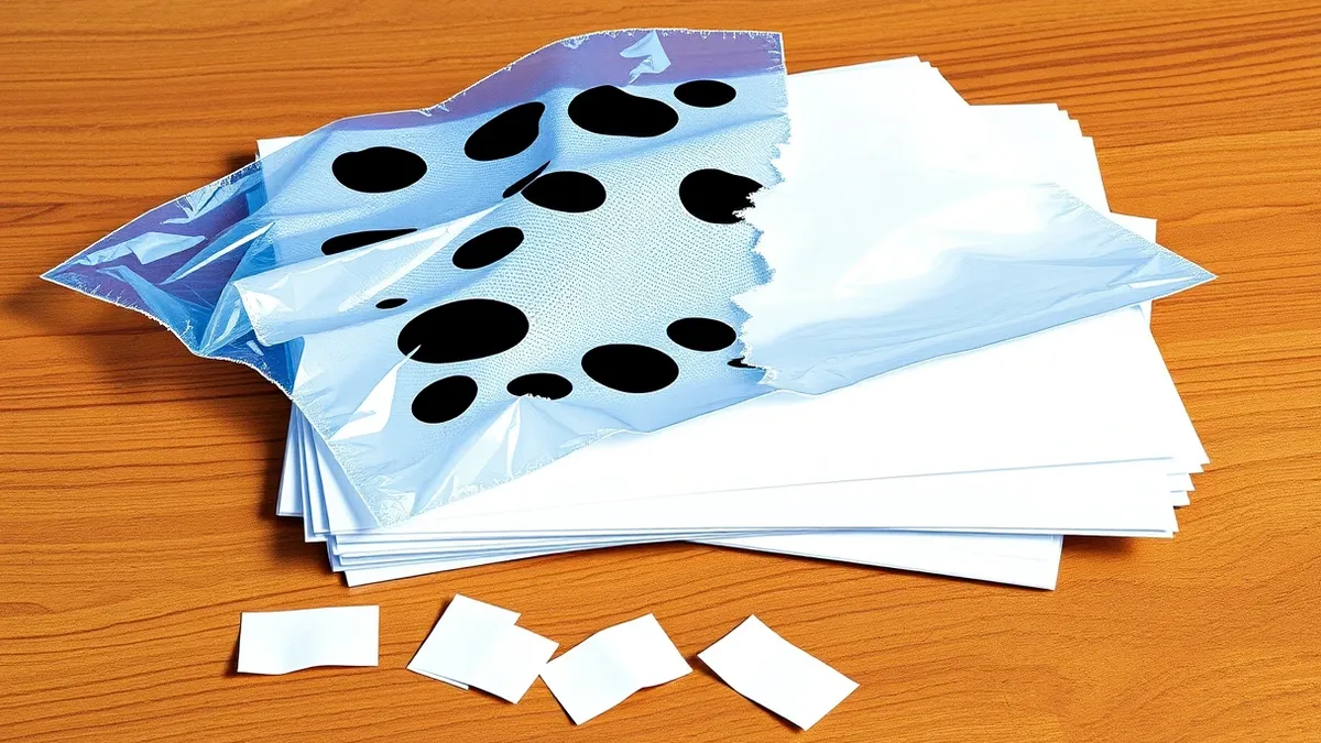 Illustration: A transparent plastic sheet with jagged black holes lies crumpled over a stack of blank white folders on a wooden table.