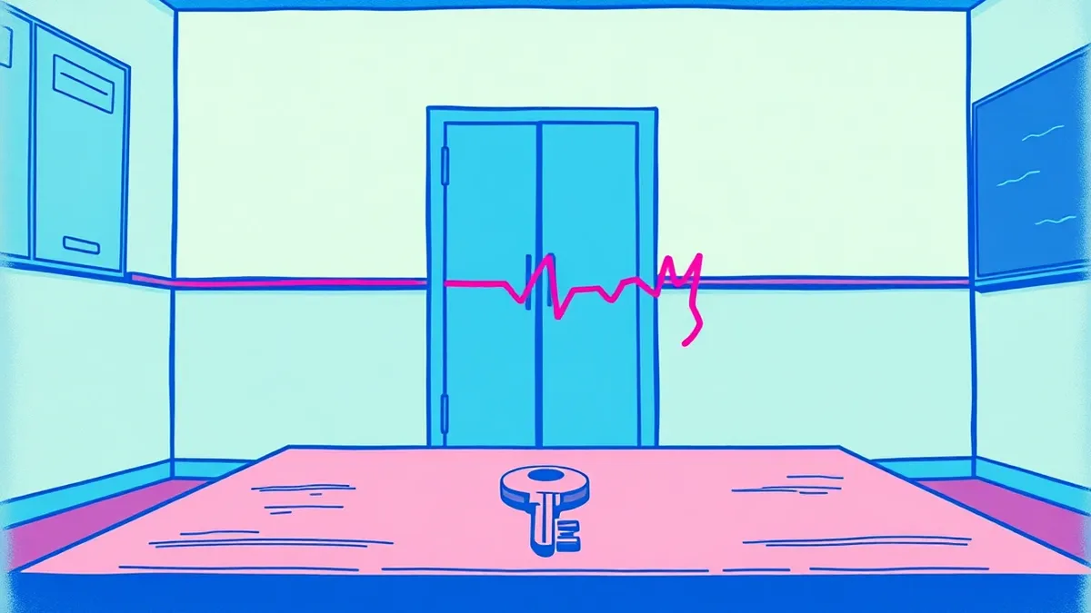 Illustration: A single key rests on a dusty desk inside an empty classroom.