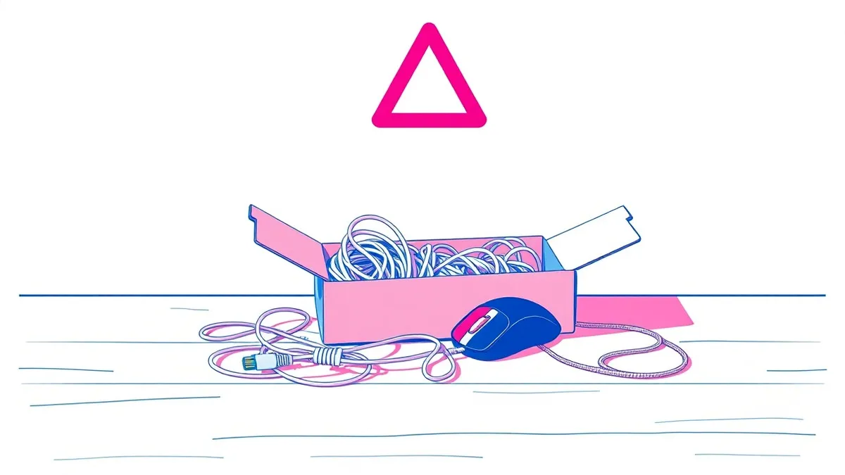 Illustration: An open cardboard box spills tangled white Ethernet cables and a single black computer mouse across a clean white desk.