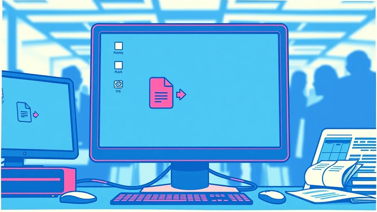 Illustration: A computer monitor displays a desktop with multiple shortcut icons scattered across the background.