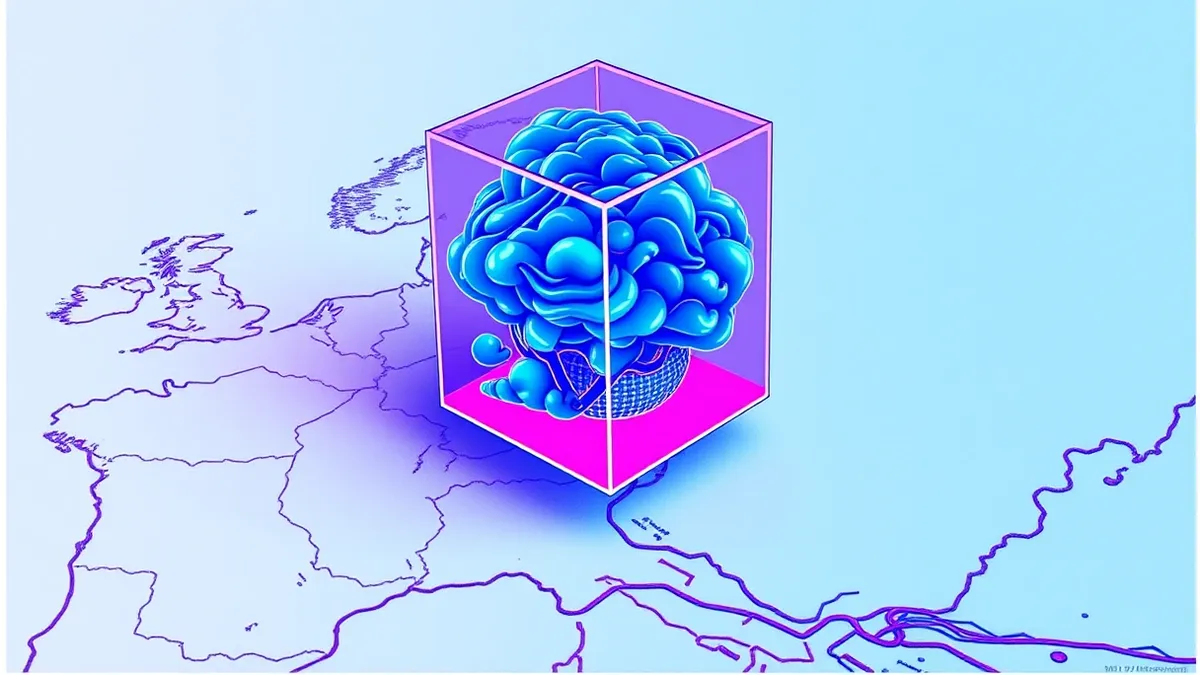 Illustration: A transparent glass cube containing swirling blue digital clouds hovers above a detailed topographic map with bold national borders.