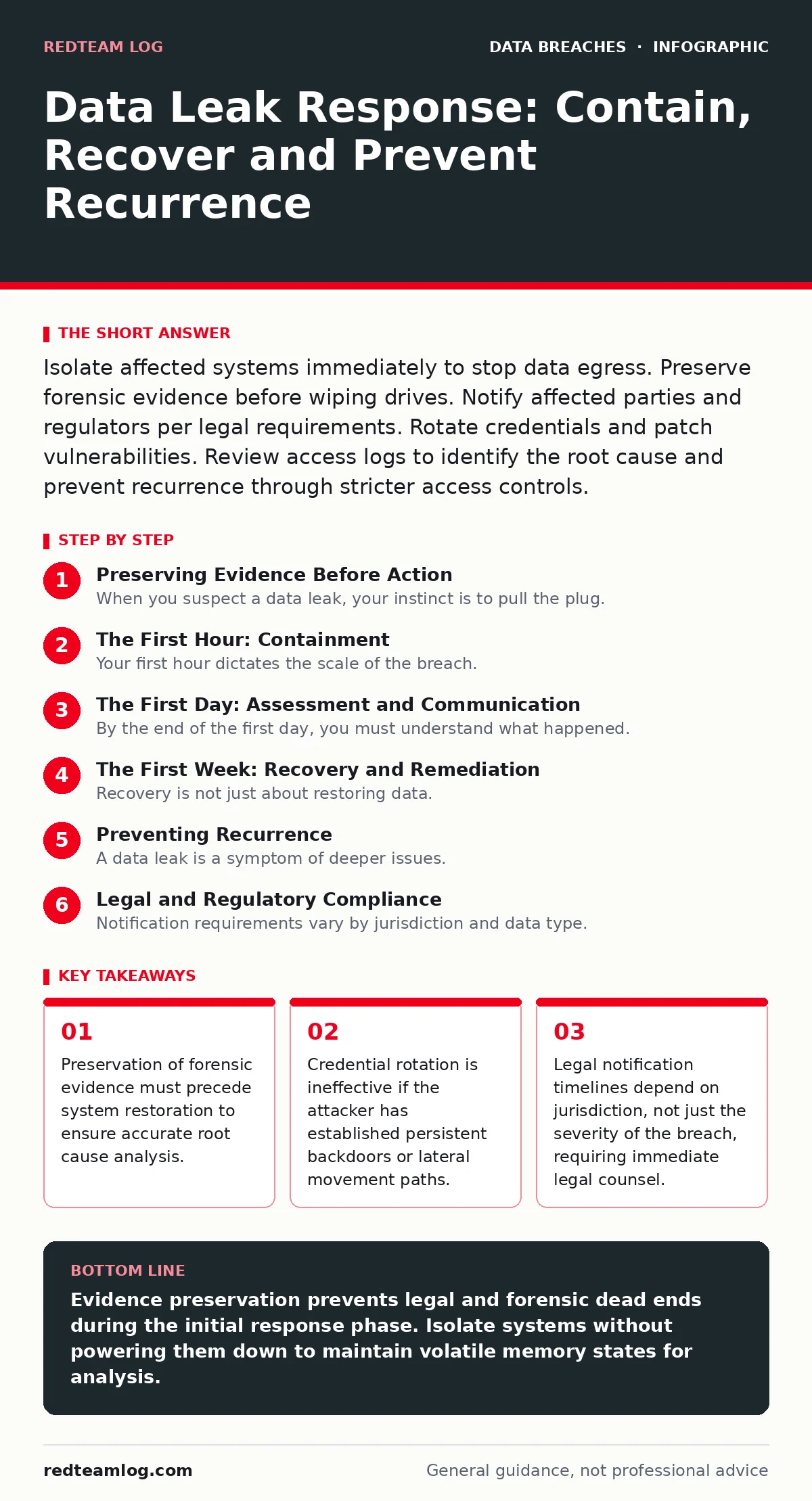 Infographic: Data Leak Response: Contain, Recover and Prevent Recurrence. Preservation of forensic evidence must precede system restoration to ensure accurate root cause analysis. Credential rotation is ineffective if the attacker has established persistent backdoors or lateral movement paths. Legal