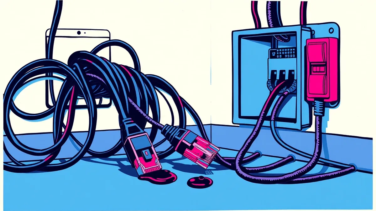 Illustration: A tangled nest of black ethernet cables snakes out from a wall socket, with one severed cord dripping dark liquid onto the floor.