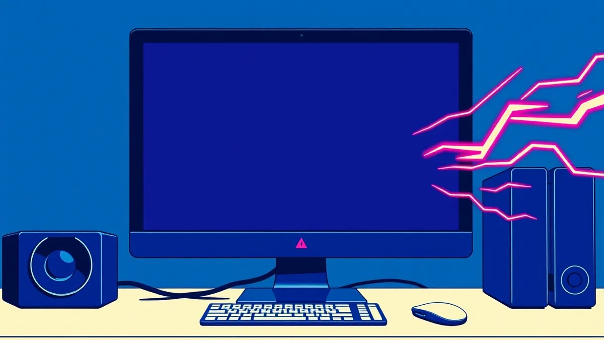 Illustration: A sleek black desktop computer sits on a minimalist desk, its monitor displaying a stark, blank interface with a single red warning icon.