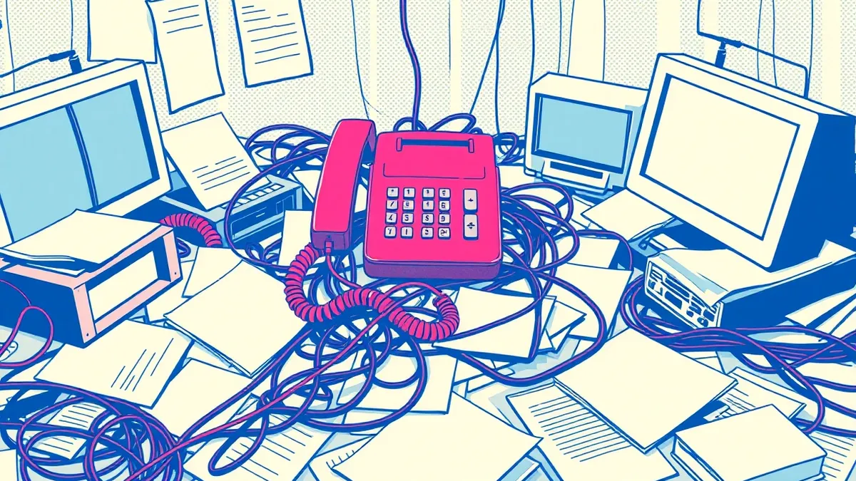 Illustration: A chaotic office desk features tangled network cables spilling over scattered papers.
