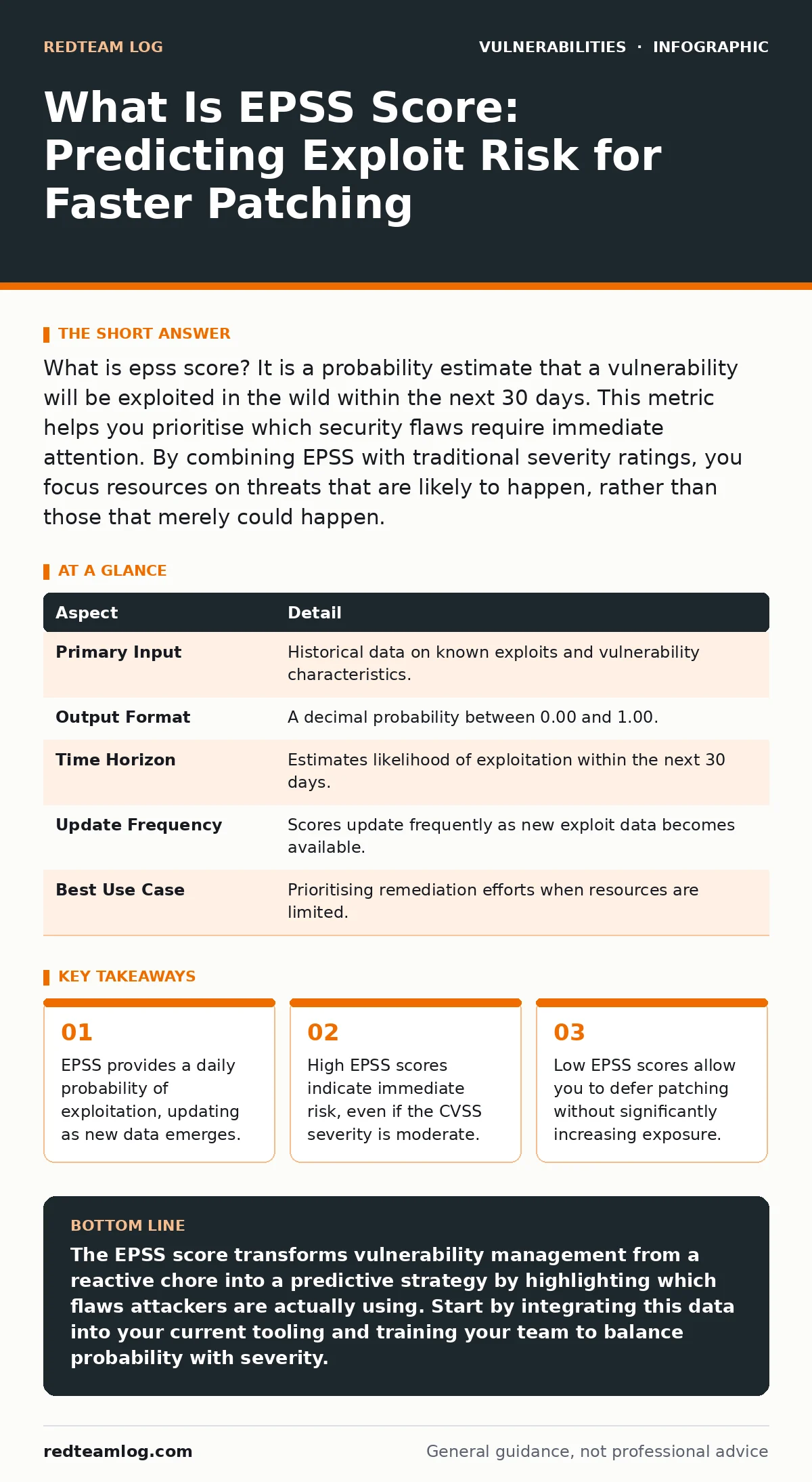 Infographic: What Is EPSS Score: Predicting Exploit Risk for Faster Patching. EPSS provides a daily probability of exploitation, updating as new data emerges. High EPSS scores indicate immediate risk, even if the CVSS severity is moderate. Low EPSS scores allow you to defer patching without signific
