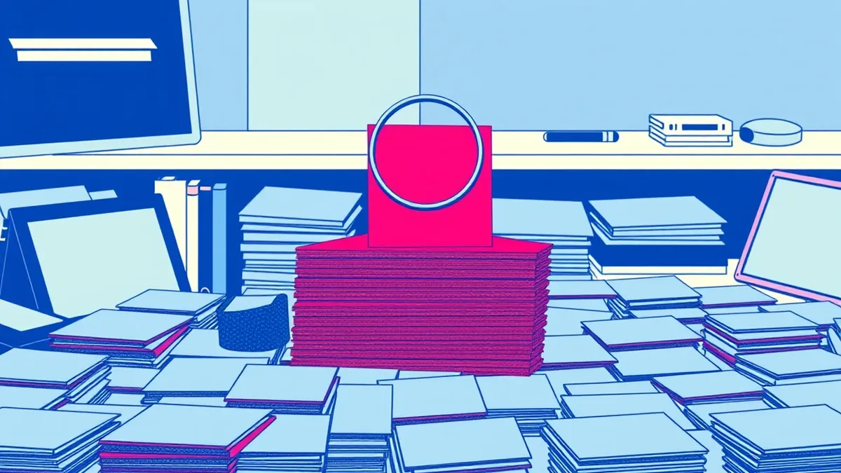 Illustration: A single red card rises above a massive stack of identical grey cards on a desk.