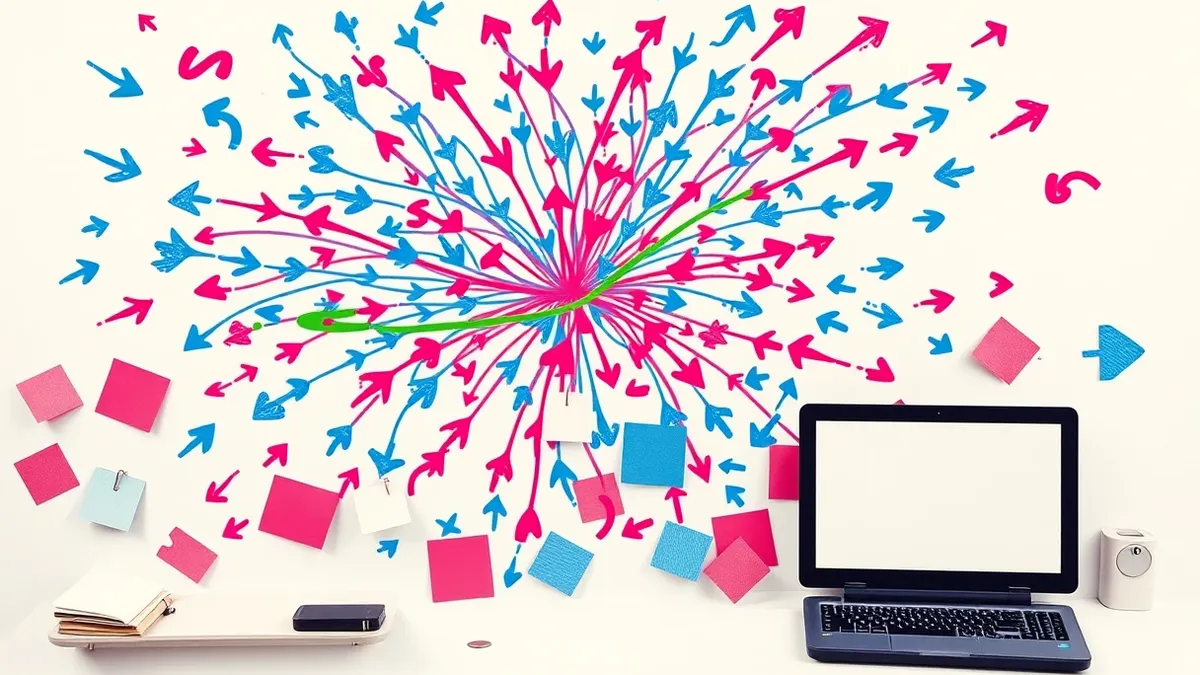 Illustration: A whiteboard covered in chaotic red and blue arrows connects scattered paper notes into a tangled web.