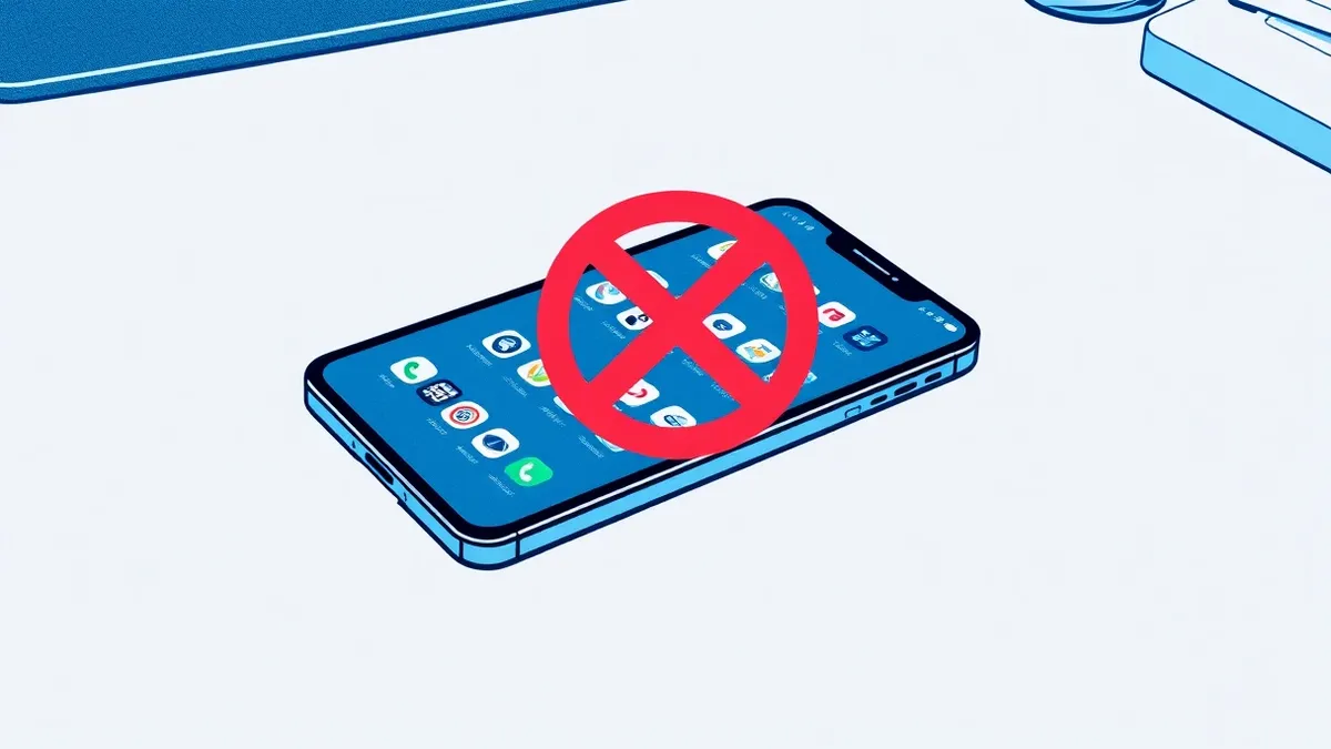 Illustration: A sleek black smartphone rests on a matte gray desk, its screen displaying a grid of generic app icons.