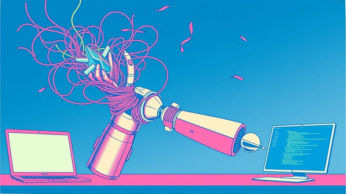 Illustration: A tangled knot of colorful digital threads wraps around a sleek robotic arm holding a coding cursor.