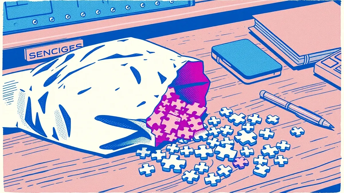 Illustration: A tattered paper bag sits on a dusty desk, slowly leaking a steady stream of translucent, glowing puzzle pieces.