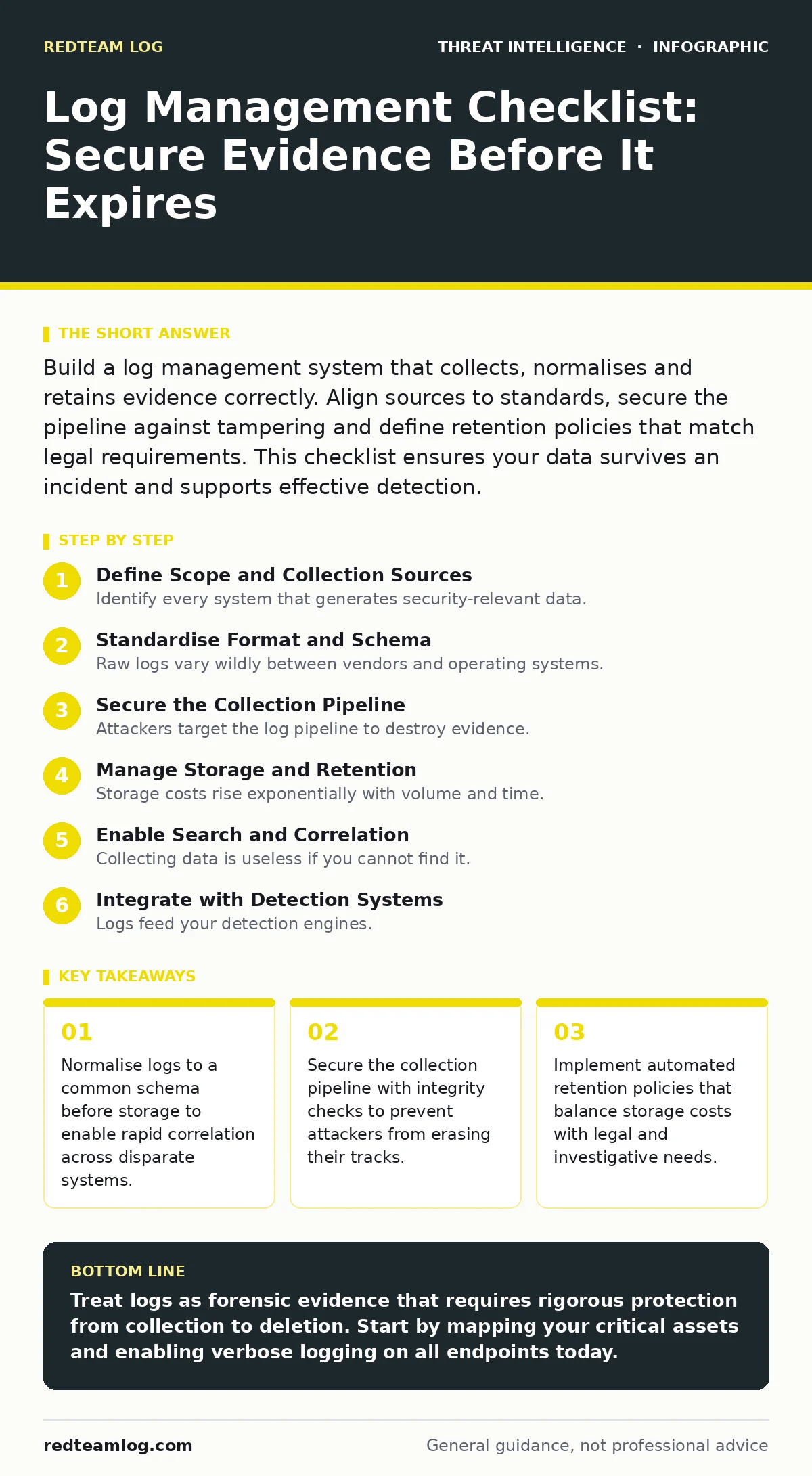 Infographic: Log Management Checklist: Secure Evidence Before It Expires. Normalise logs to a common schema before storage to enable rapid correlation across disparate systems. Secure the collection pipeline with integrity checks to prevent attackers from erasing their tracks. Implement automated re
