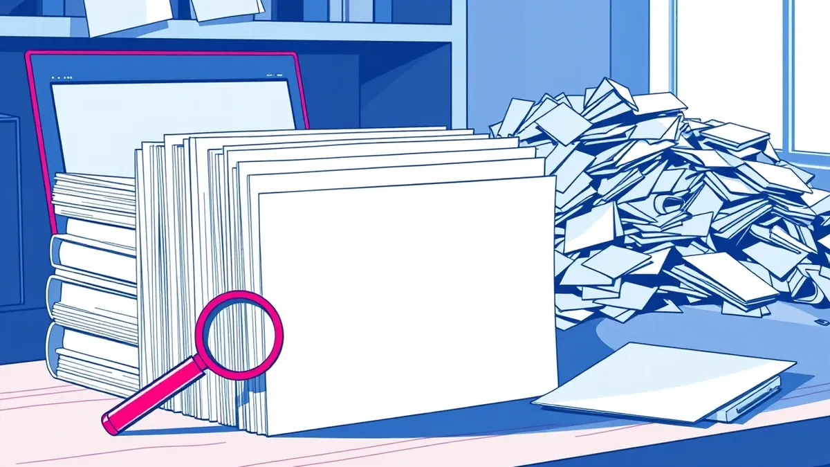 Illustration: A neat stack of blank white folders sits on a clean wooden desk next to a single red magnifying glass.