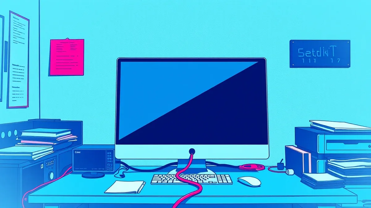 Illustration: A sleek desktop computer sits isolated on a cluttered office desk, its screen completely black and reflecting the empty room.