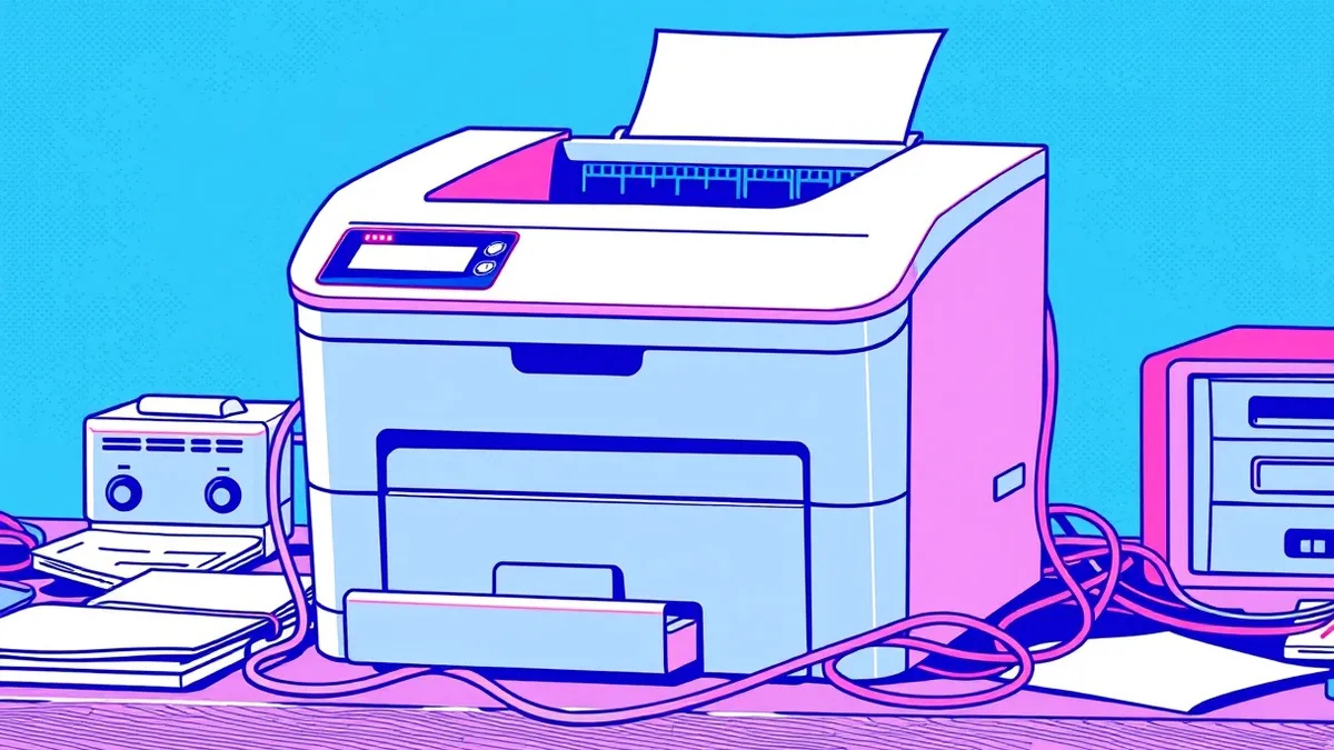 Illustration: A gray office printer sits on a cluttered desk with a tangled cable trailing from its side.