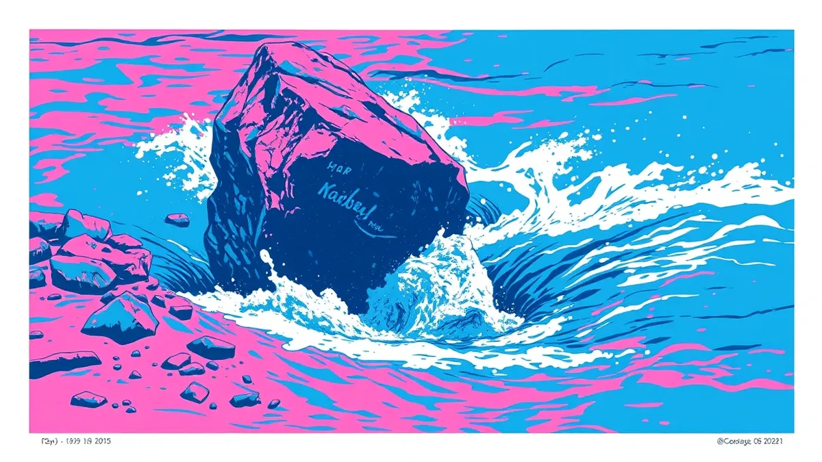 Illustration: A jagged rock formation blocks a rushing stream of colored water.