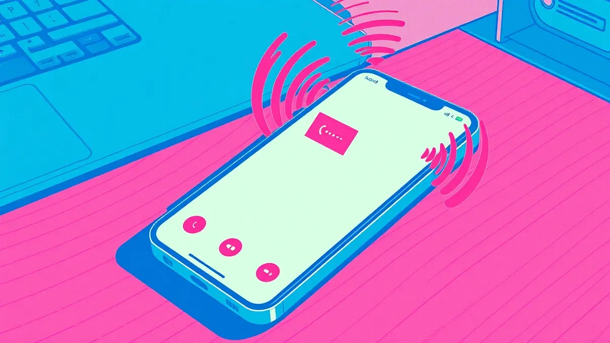 Illustration: A smartphone rests on a wooden desk, its screen displaying a blank video call interface.