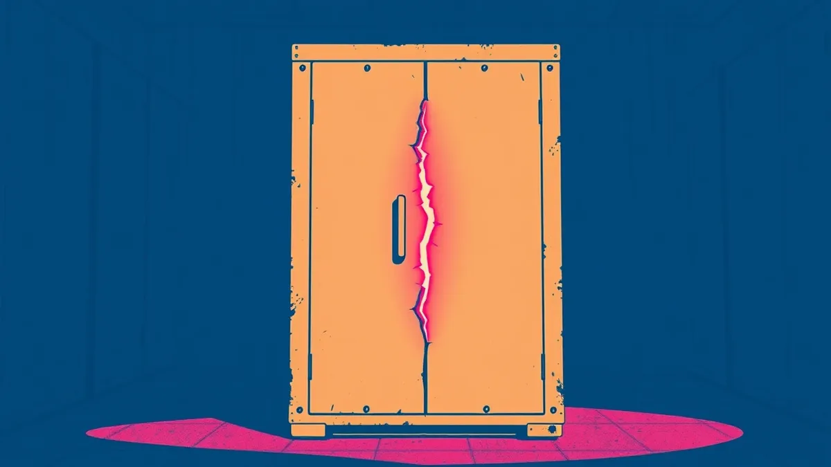 Illustration: A dusty, beige server tower sits in a dimly lit room with its front panel slightly ajar.