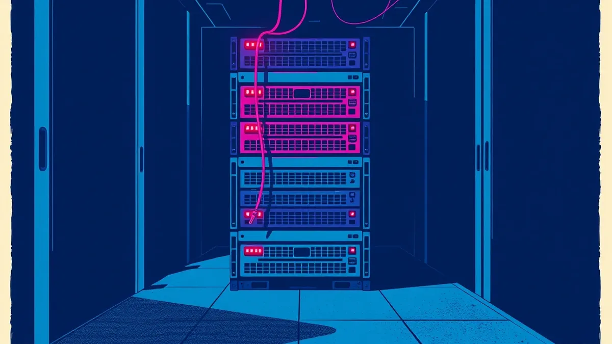 Illustration: A stack of thick server blades sits in a dimly lit rack with red warning lights blinking on their front panels.